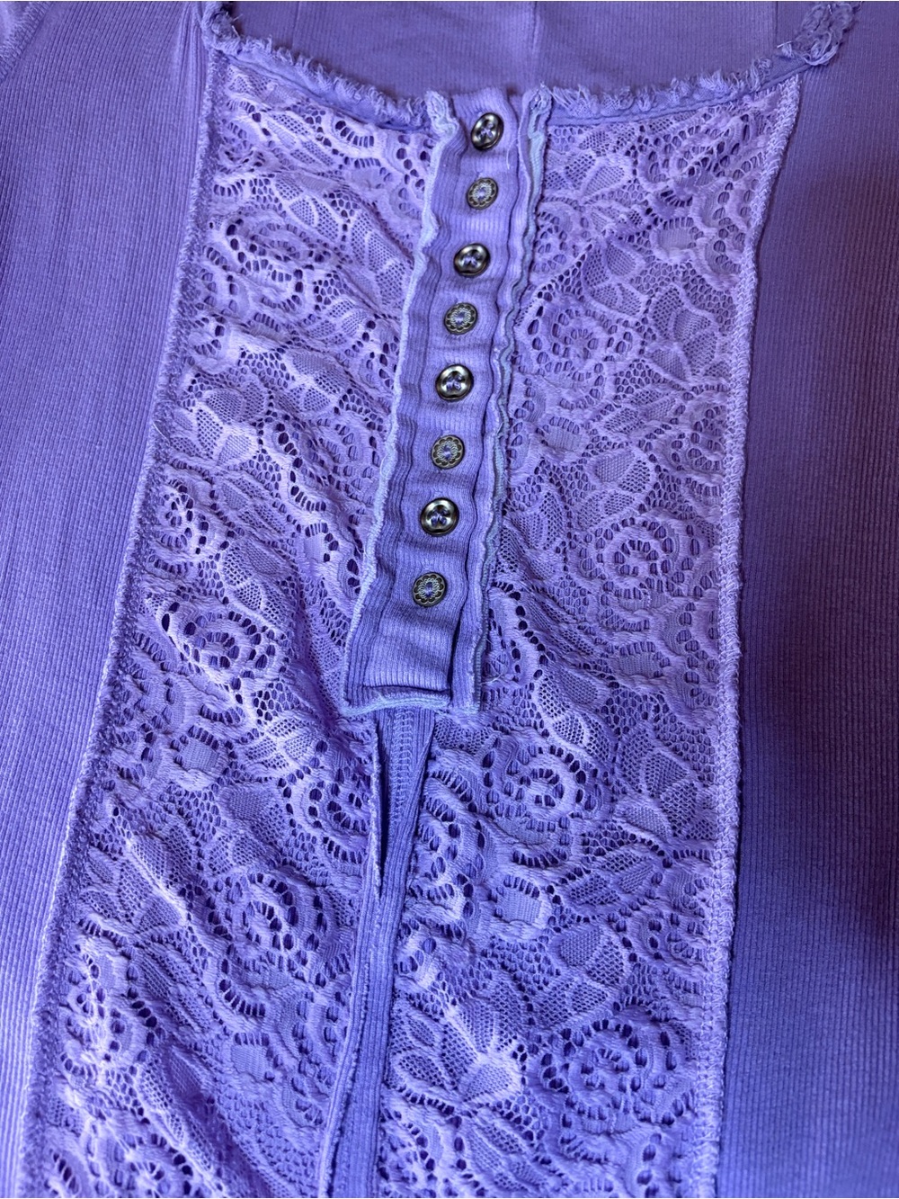 POL Lavender Lace-Front Short Sleeve Top. Super Stretch - Picture 7 of 10